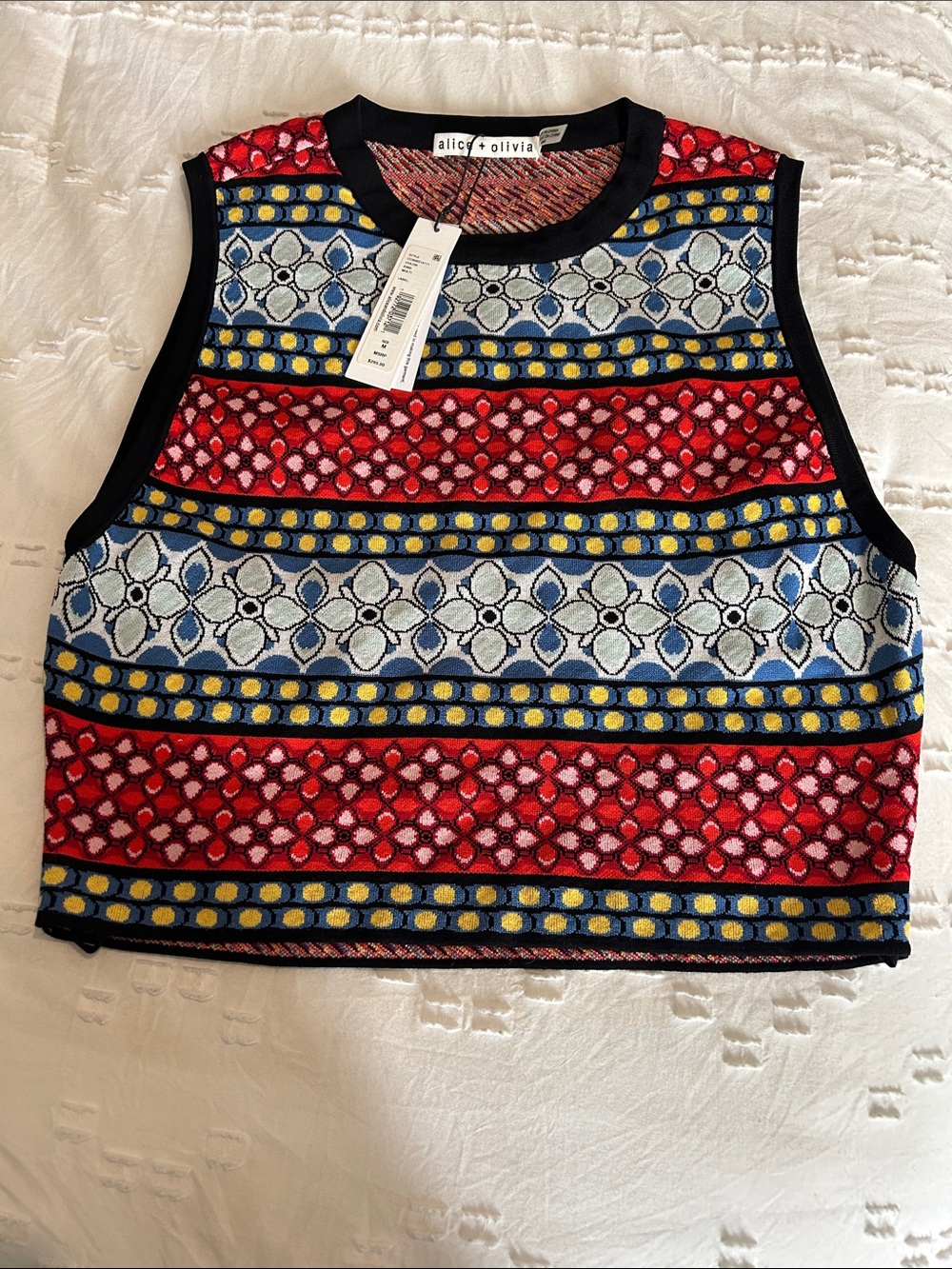 Alice + Olivia Red, Blue, Yellow & Black Patterned V-Neck Sweater